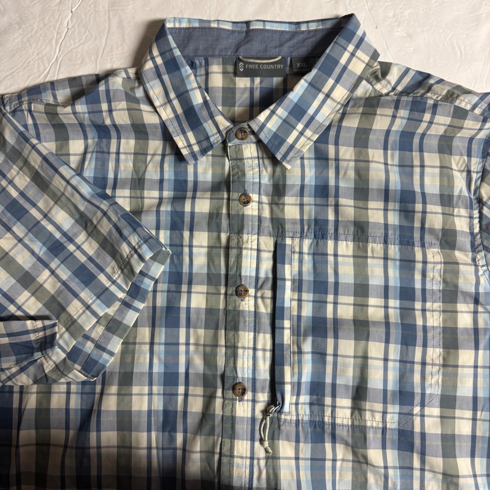 Free Country Mens XXL Blue Plaid Short Sleeve Button Down Shirt Zipper Pocket